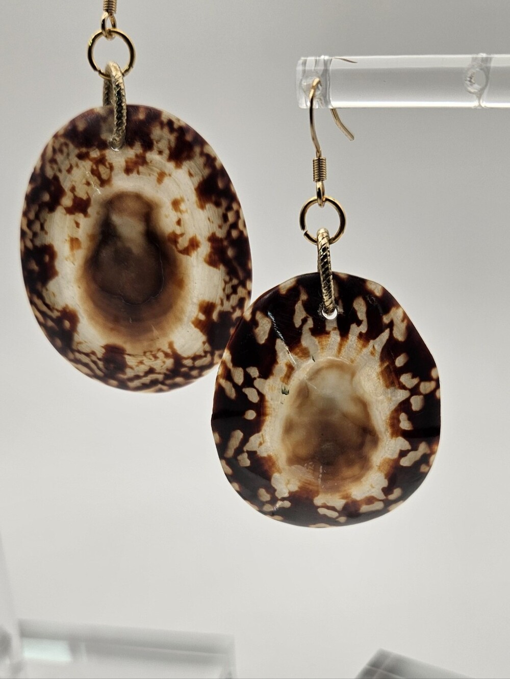 Natural Sea Shell Drop Earrings Gold Tone Hooks Brown Mottled Limpet Beach Boho